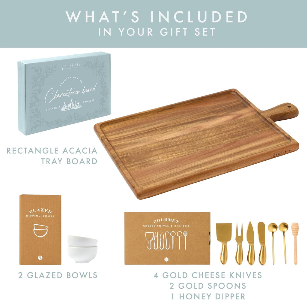 Charcuterie Board Set - Acacia Cheese Board Serving Tray with Accessories - House Warming Gifts for New Home, Bridal