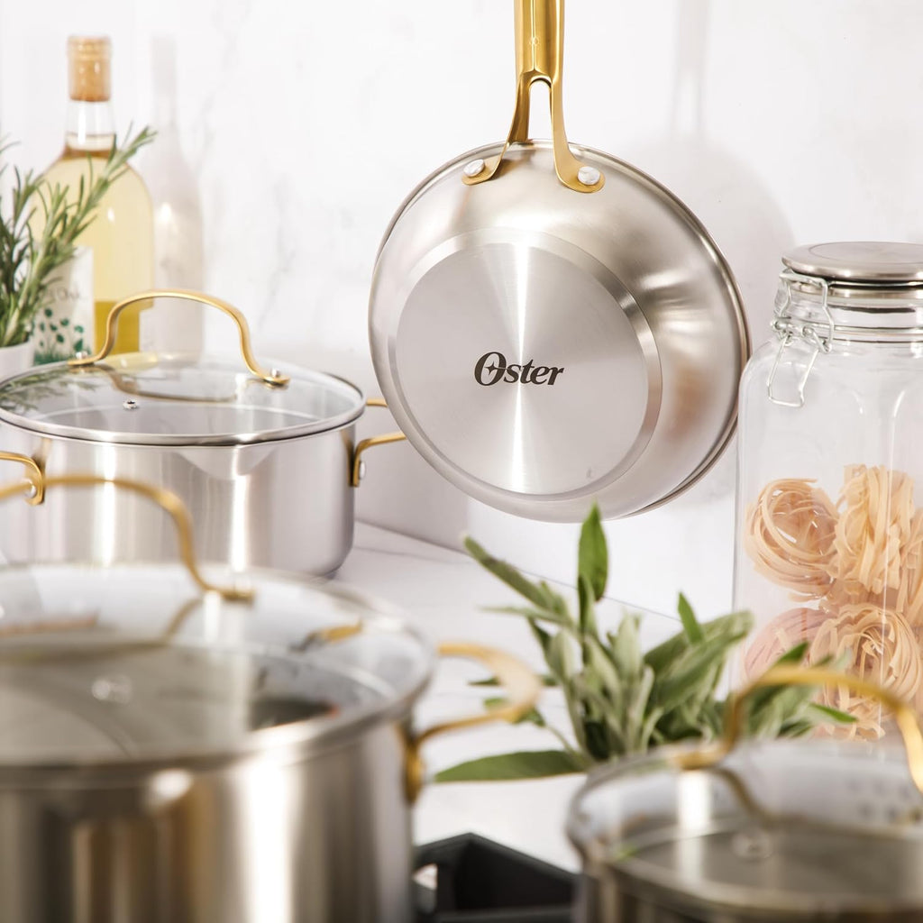 Platinum Sunstreak Pots and Pans Set, 10-Piece Stainless Steel Cookware Set with Glass Strainer Lids and Gold