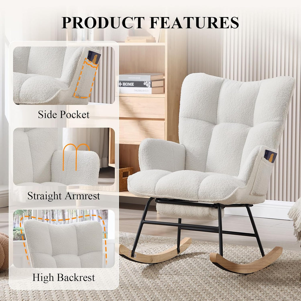 Nursery Rocking Chair with Footrest, Teddy Upholstered Glider Rocker with Side Pocket, Leisure Rocker Chair with High
