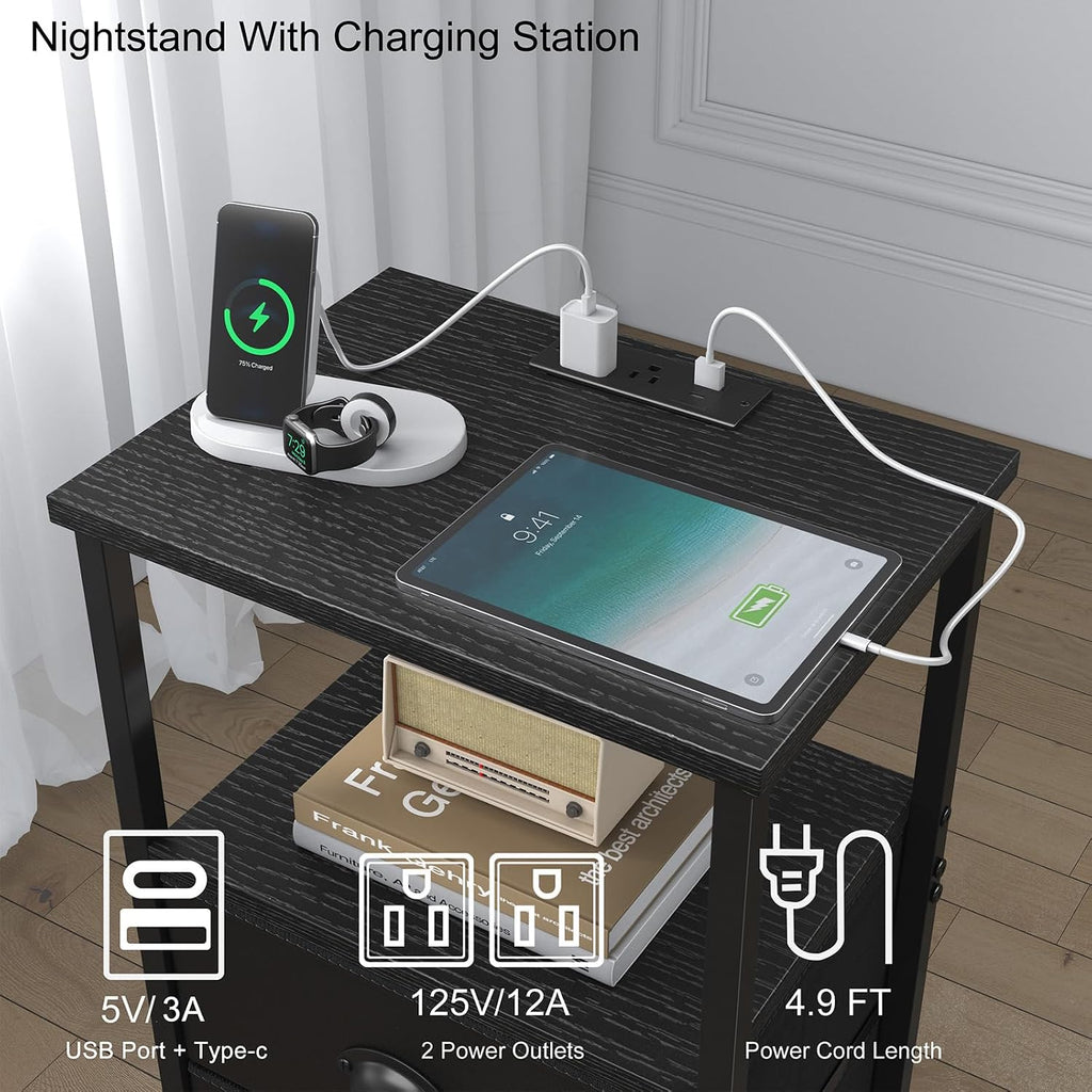 Nightstand with Charging Station, LED Night Stand Set 2, Bedside Table End Table Set of 2, Bedroom Table with 2