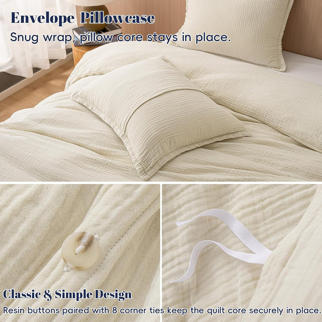 Cotton Muslin Duvet Cover, 3-Layer Soft Lightweight & Breathable Textured Gauze, Skin-Friendly Minimalist