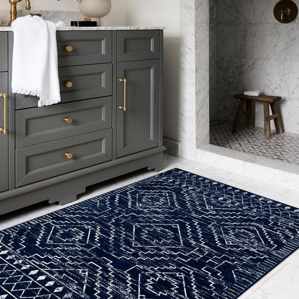 Moroccan Washable Rug, Blue Non-Slip Entryway Area Rug, Soft Farmhouse Bedroom Throw Mat, Geometric Low Pile