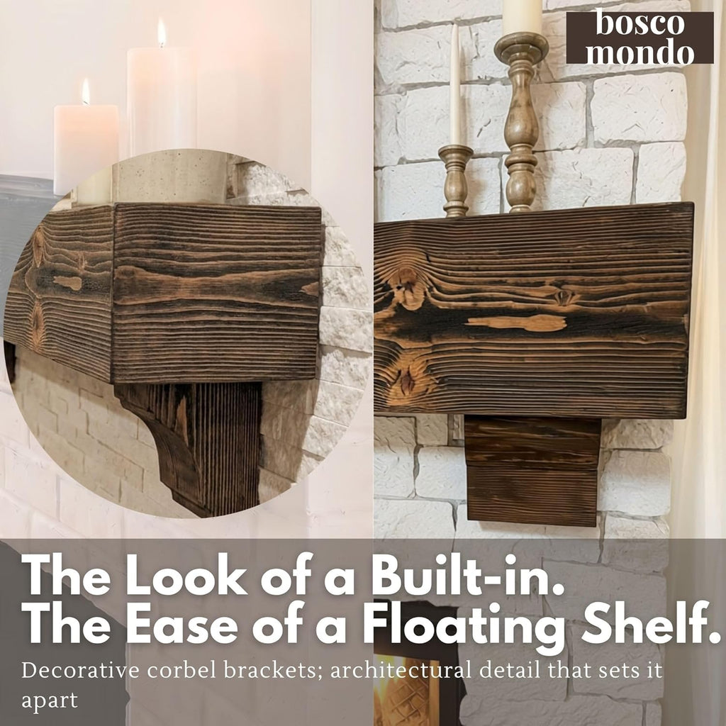 Shelf with Corbels - Rustic Farmhouse Wooden Mantel, Solid Pine Floating Mantel Shelf for Wall, Decorative for Living