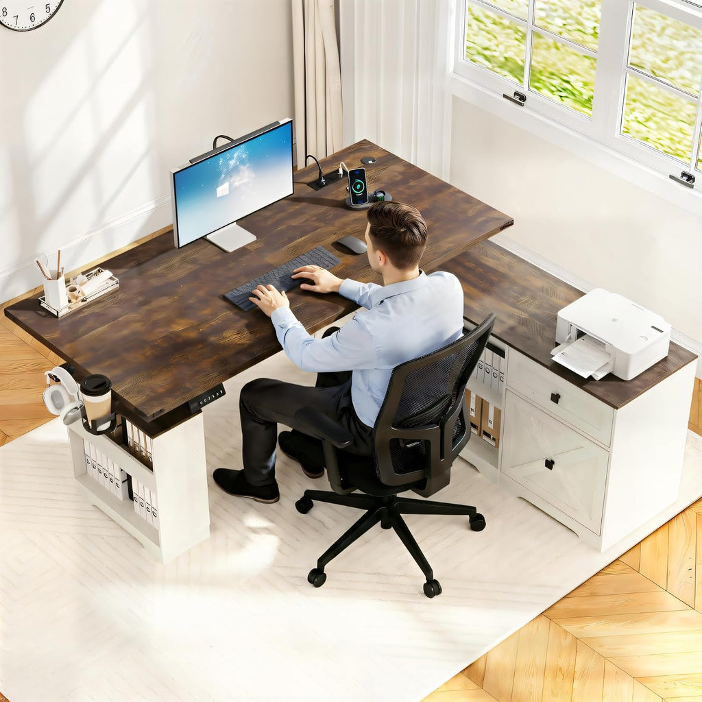 L Shaped Electric Standing Desk 63" White with Power & Storage | File drawer, sliding door cabinet, cup holder