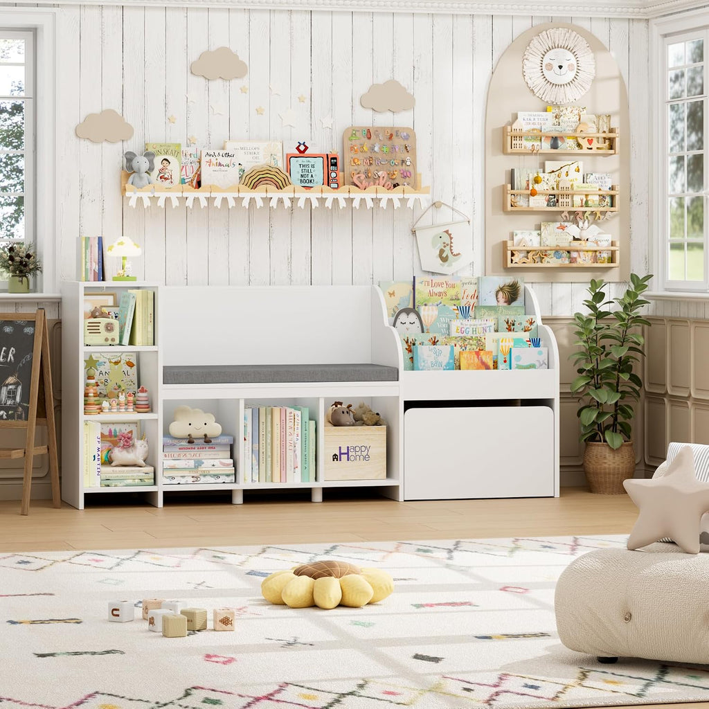 67"W Kids Reading Nook with Bookshelf, Toy Storage Organizer, White | Cushioned Bench & Large Movable Toy Storage Box