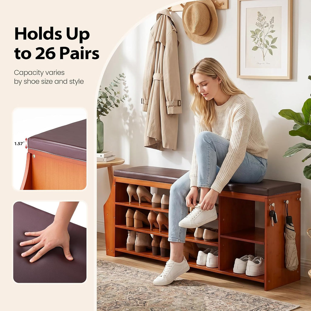 50" Bamboo Shoe Storage Bench with Padded Faux Leather Seat and 550 lbs Capacity, 3-Level Adjustable Shelf, Side