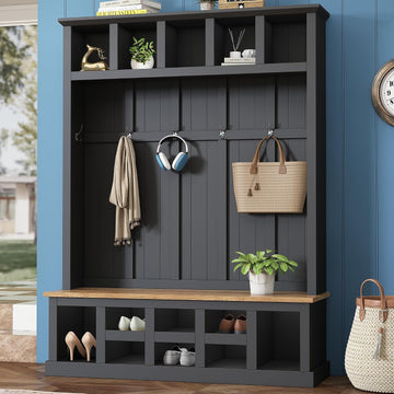 Farmhouse Wood Hall Tree with Bench and Shoe Storage, 5-in-1 Coat Rack with 6 Hooks for Entrance, Hallway Black