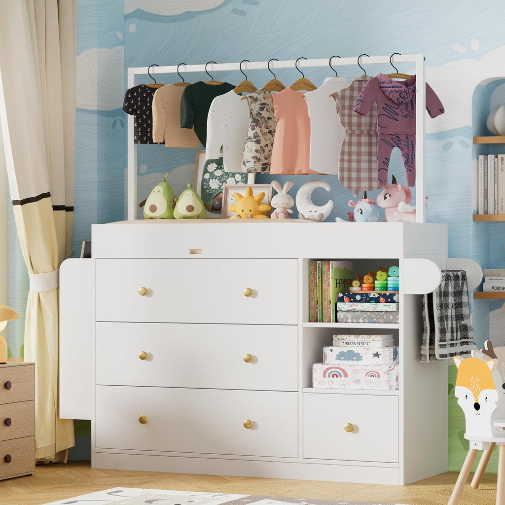 Modern Changing Table Dresser,Baby Dressing Table with 4 Drawers and Storage Shelves,Multi-Functional Baby Changing