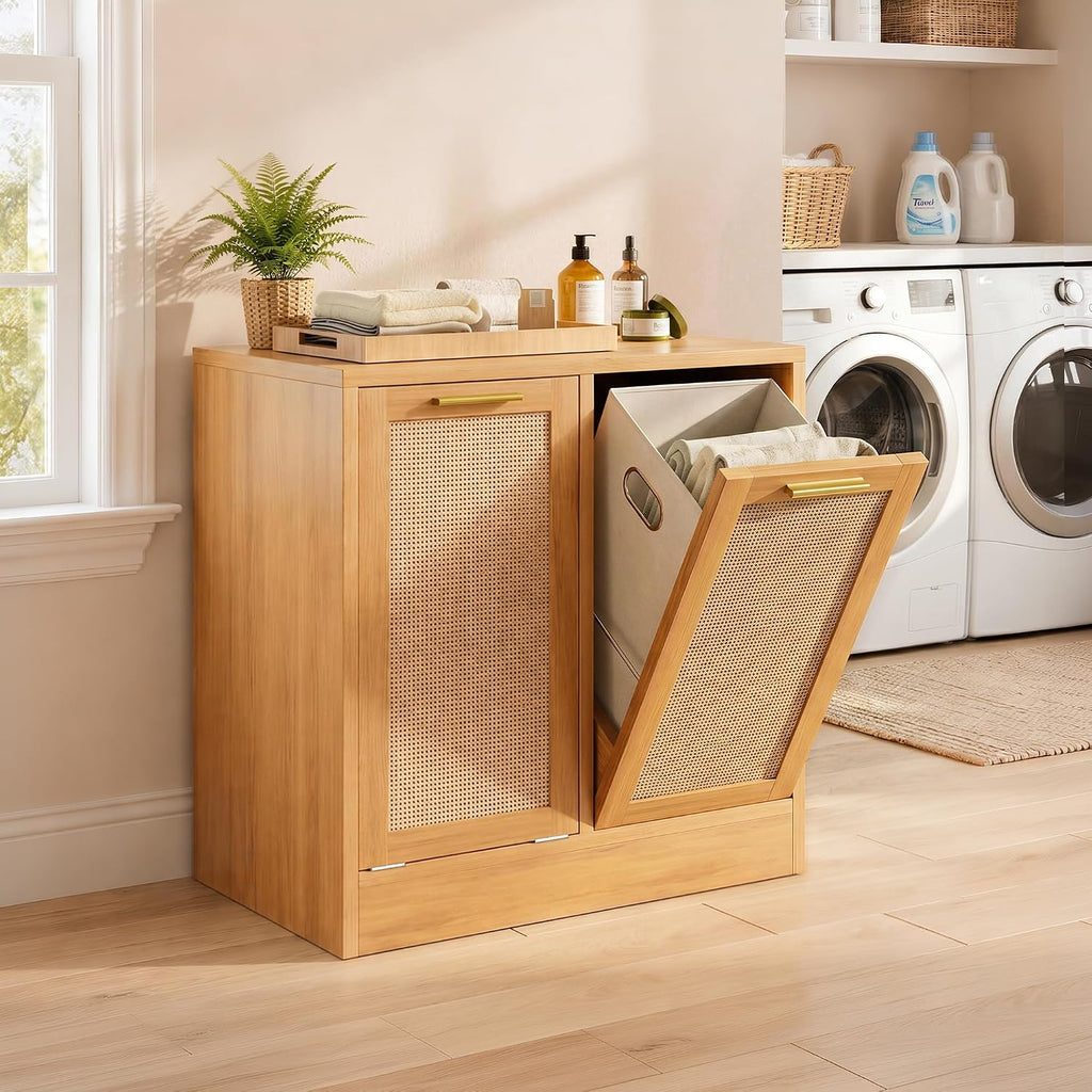 Laundry Cabinet, Bathroom Cabinet with with Breathable Real Rattan Design, Clothes Storge Basket with 2 Removable
