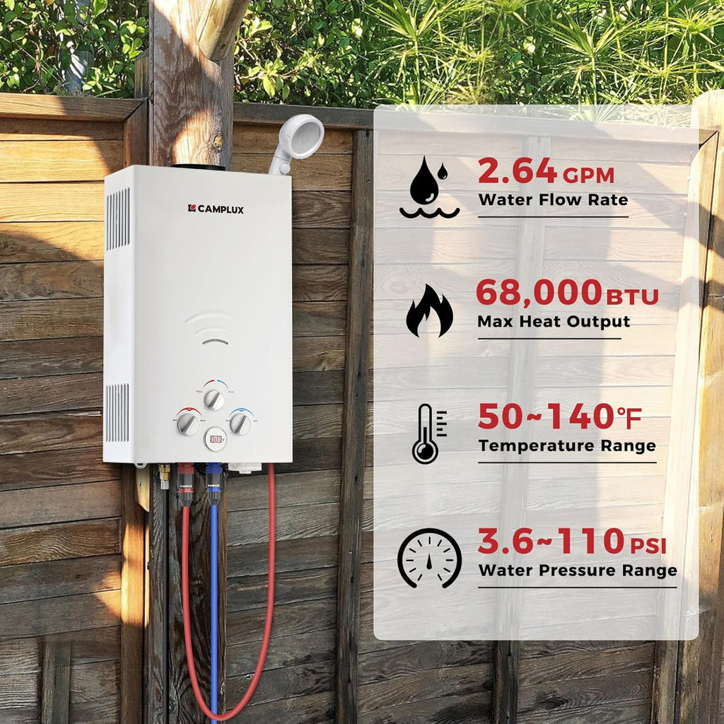 2.64 GPM Propane Portable Gas Water Heater, 68, 000 BTU Outdoor Tankless Camping Water Heater with Digital Display