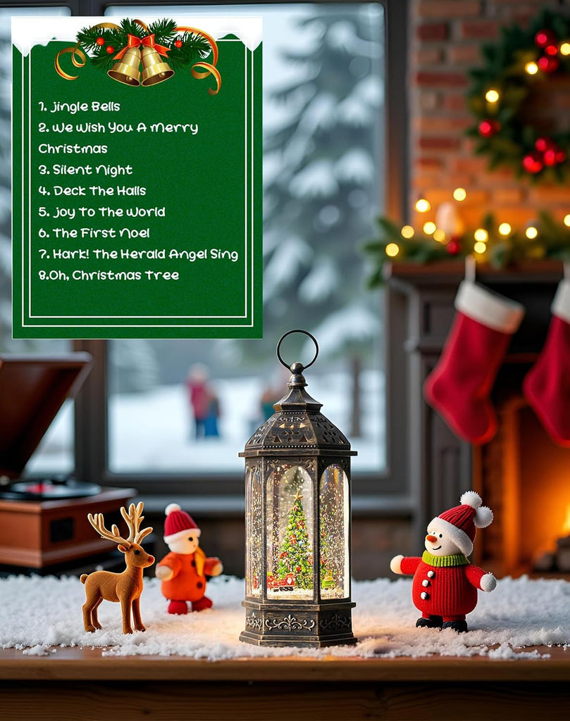 Animated Christmas Snow Globe Lantern Octagon with Rotating Train Christmas Tree Scene Music Box, USB and Battery