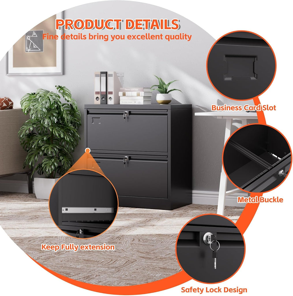 2 Drawer Lateral File Cabinet with Lock, Assembly Required | Black metal cabinet for letter/legal/A4 files, home