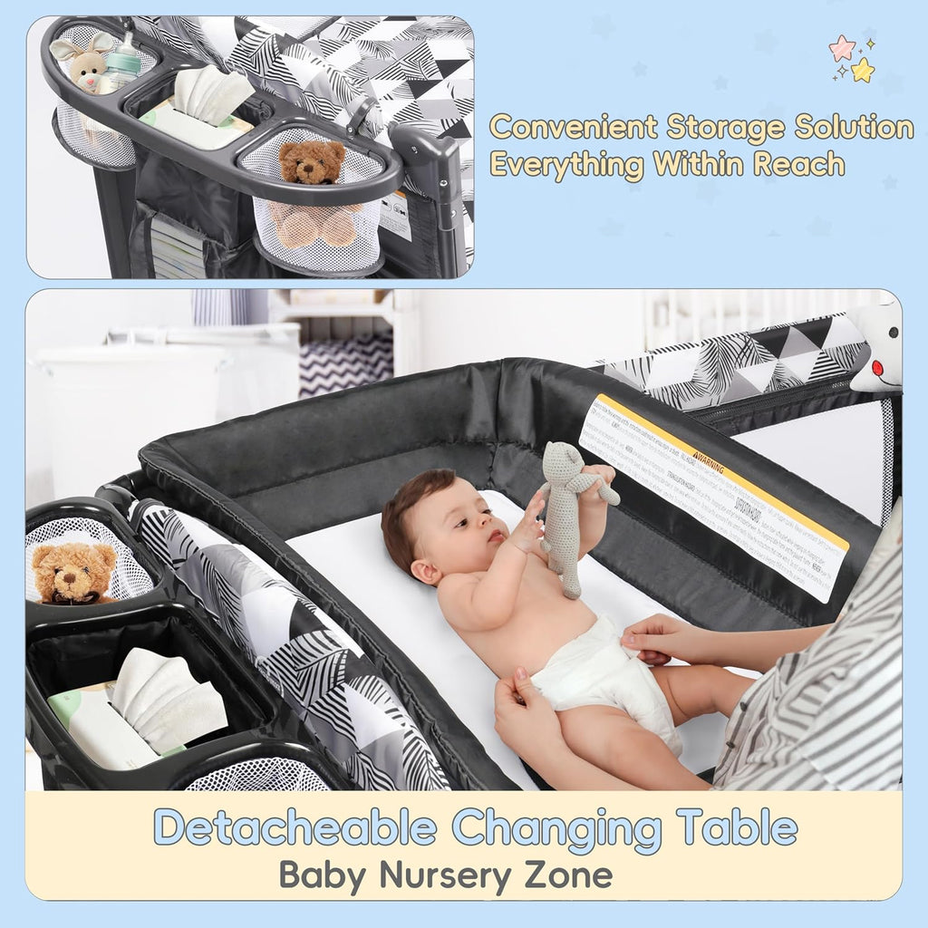 5-in-1 Pack and Play with Changing Table, Baby Bassinet Bedside Sleeper with Storage Bag & Music Box, Portable Baby