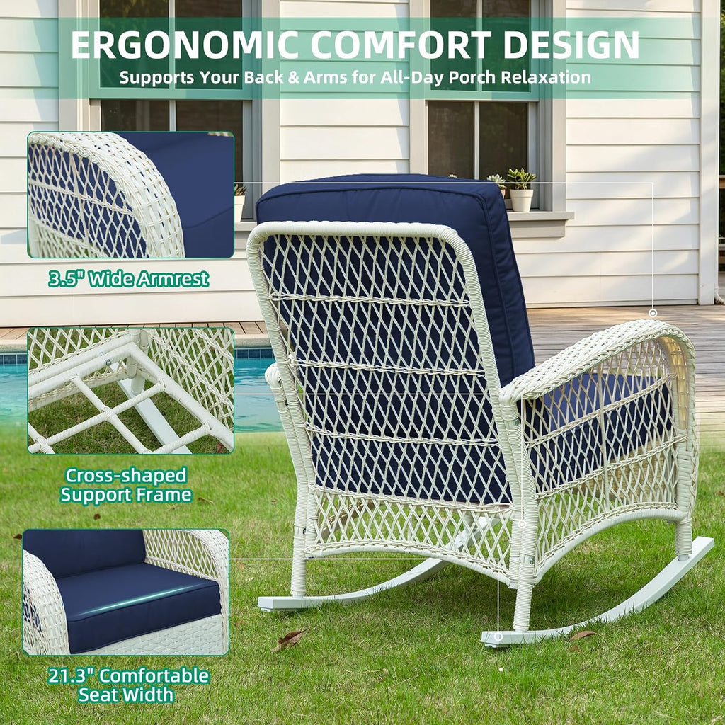 Outdoor Wicker Rocking Chair, Patio Rattan Rocker Chair with Cushions & Steel Frame, All-Weather Rocking Lawn