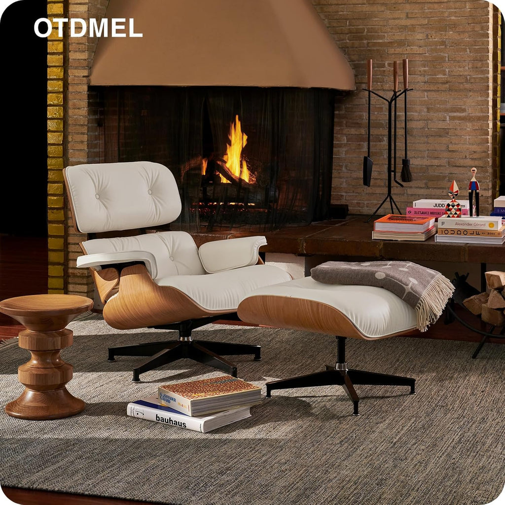 Mid-Century Modern Lounge Chair & Ottoman — White Bonded Grain Leather, Walnut Base, Tall Back