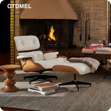 Mid-Century Modern Lounge Chair & Ottoman — White Bonded Grain Leather, Walnut Base, Tall Back