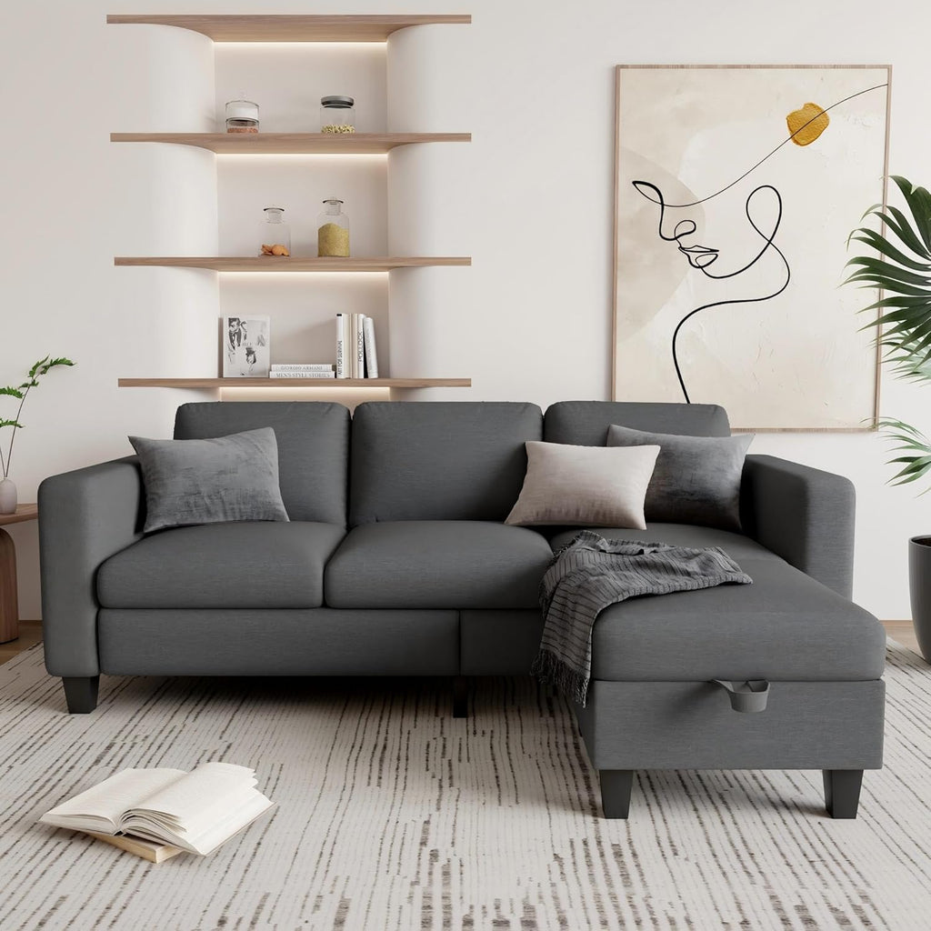 Sectional Couches for Living Room - Convertible L-Shaped Couch, Grey 3 Seater Modern Linen Sofa
