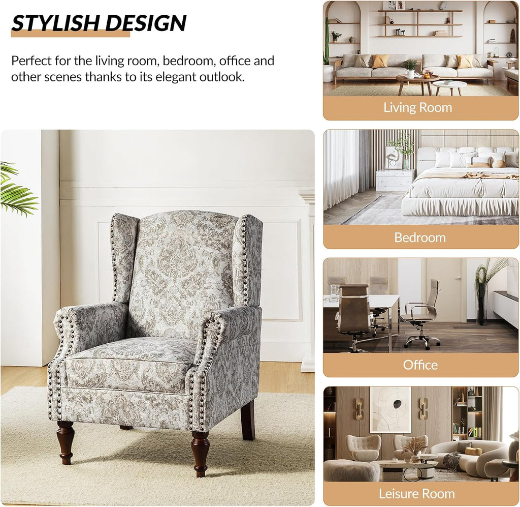 Wingback Accent Chair with Floral Pattern Design, Traditional Fabric Armchair with Nailhead Trim and Retro Wooden