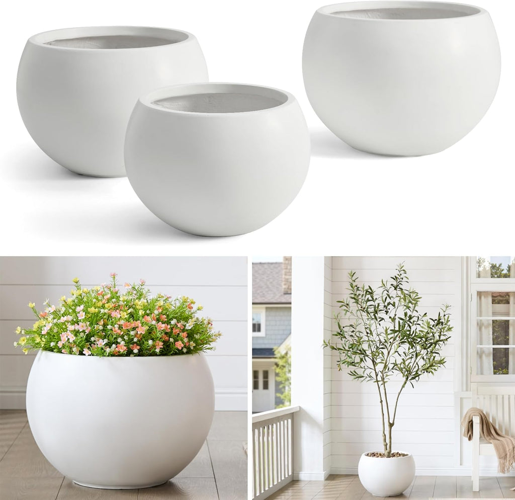 19.3"Dia x 13"H Large Fiberstone Sphere Planter, White Round Pot | 15" Opening, Drainage Hole & Plug, Wheathered
