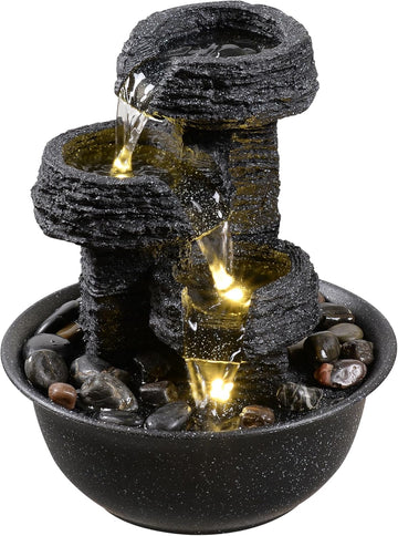 Rock Style Tabletop Fountain with LED Light - Indoor Waterfall Feature or Office Décor, Relaxing Zen Desktop Water