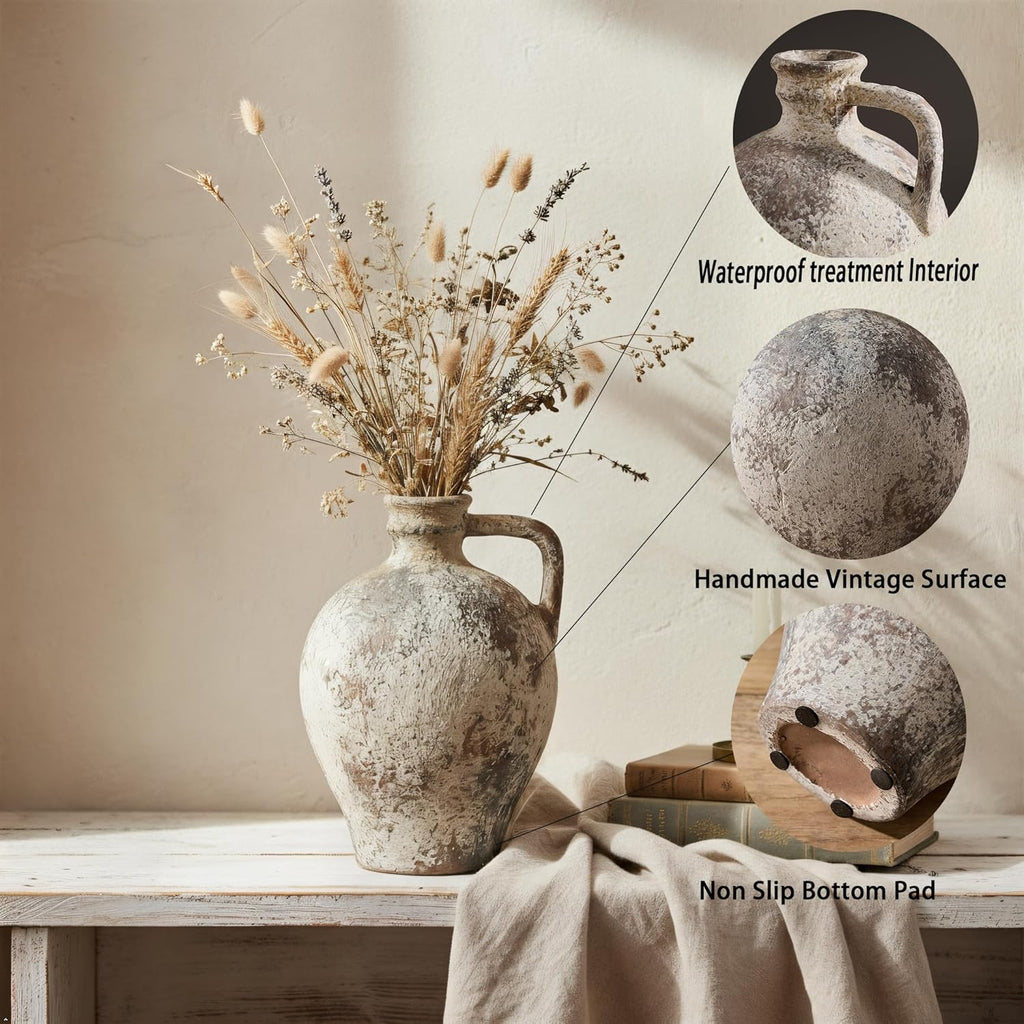 Ceramic Rustic Farmhouse Vase,8.25 inch Terracotta Vase with Handle,Neutral Clay Pot Vases Decorative Vase