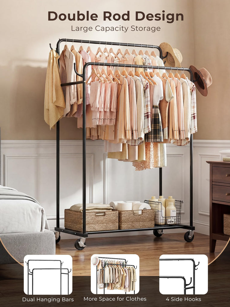 Clothes Rack, Rolling Clothing Rack with Double Rods for Hanging Clothes, Portable Garment Rack with Wheels, Metal