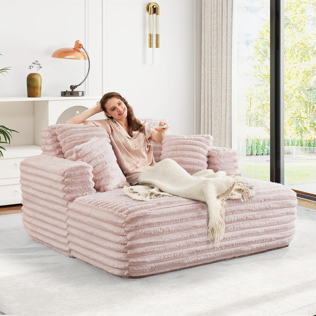 56" Oversized Chaise Lounge Chair Indoor,Plush Faux Fur Sleeper Sofa Couch Bed with Pillows&Wide Armrests,Fluffy