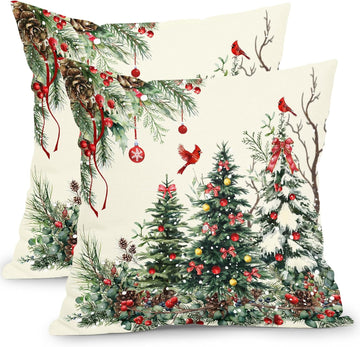 Christmas Pillow Covers 20x20 Inch Rustic Christmas Tree Decorative Outdoor Throw Pillows Winter Green - Set of 2