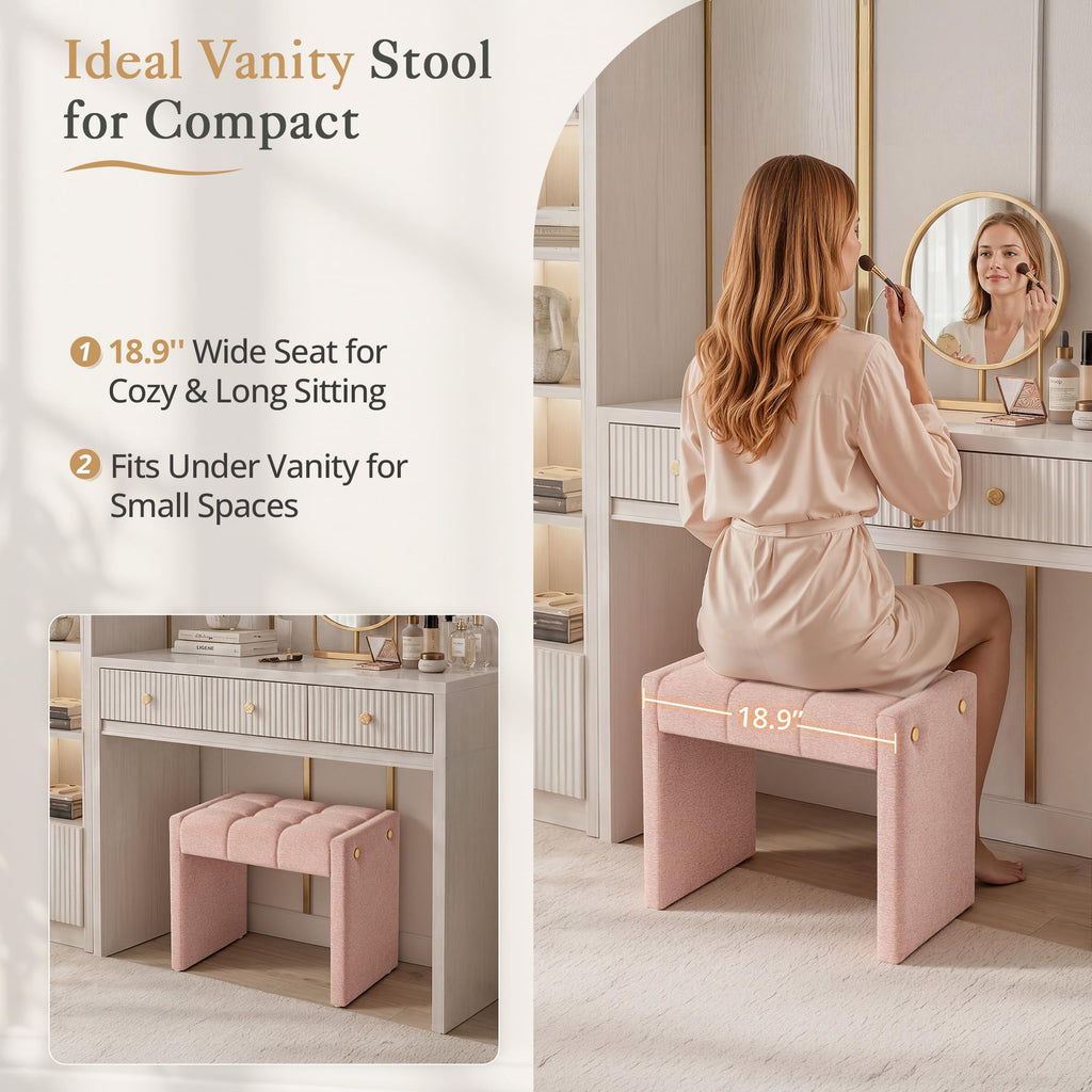 Modern Grid Tufted Vanity Bench Stool, 4.33'' Thick Chenille Upholstered Ottoman Footstool for Makeup Room, Bedroom &