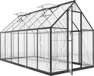 11x6 ft Polycarbonate Greenhouse with Swing Door, Black | Two Adjustable Roof Vents, Aluminum Walk-in Hothouse