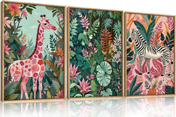 Spring Boho Sage Green Pink Giraffe Zebra Jungle Framed Canvas Wall Art Set,Natural Safari Tropical Wildlife Wall