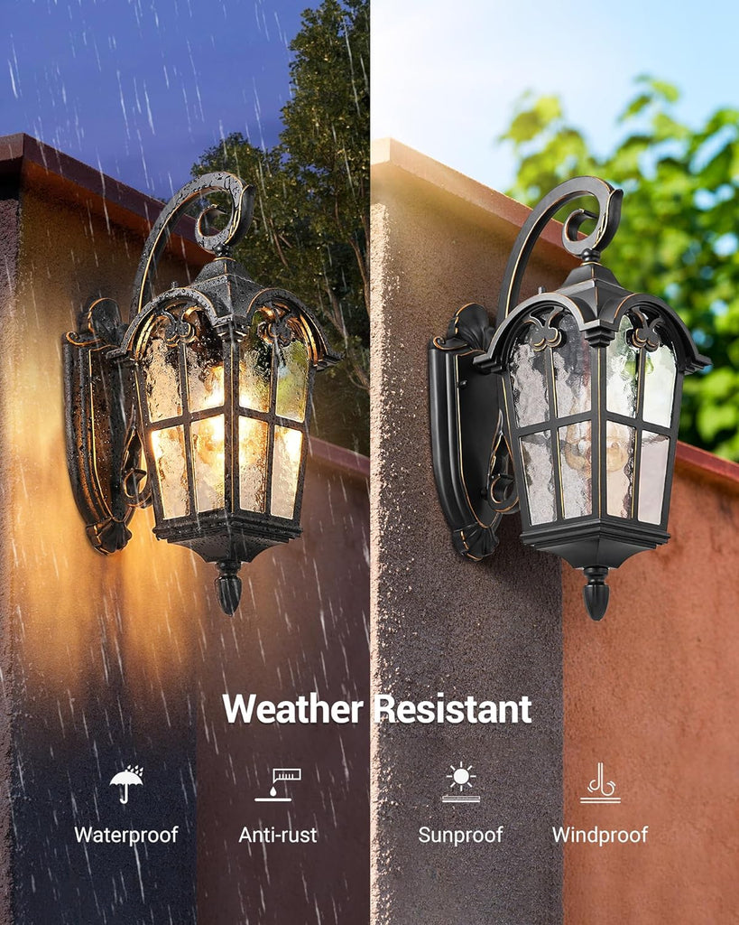 Outdoor Wall Light Fixtures, Black Roman 17.7" H Exterior Wall Lantern, Anti-Rust & Waterproof, Water Ripple Glass