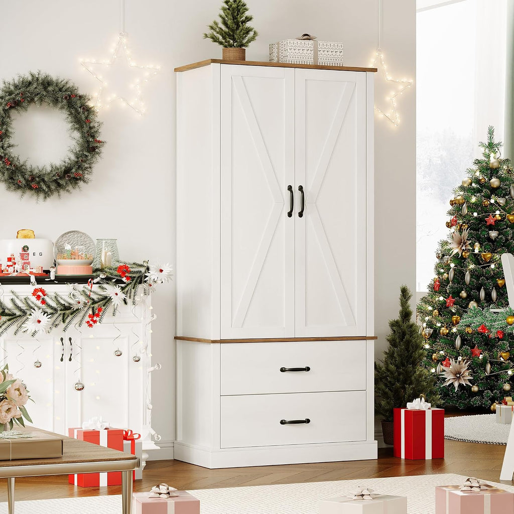 Kitchen Pantry Cabinet, Farmhouse Storage Cabinet with Barn Doors, Drawers and Adjustable Shelves, Versatile Storage