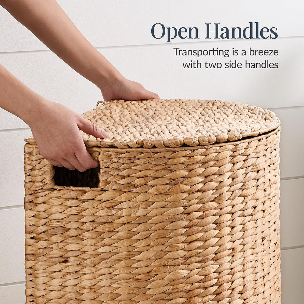 Half Moon Laundry Hamper w/Lid, Woven Half Round Laundry Basket, w/Removable Liner & Bult-in Handles & Laundry Room