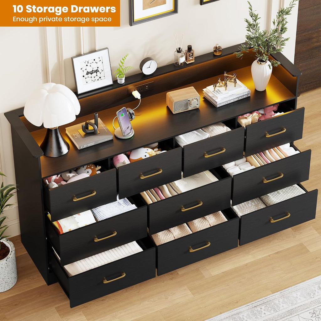10 Drawer Dresser - 65'' Wide Chest of Drawers with LED Light and Charging Station, Modern Large TV Stand Cabinet