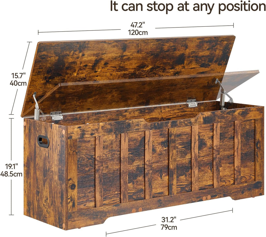 47.2"Storage Chest Extra Large,Wooden Storage Bench(Rustic Brown) | Storage trunk with 2 Safety