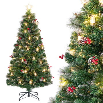 6 FT Pre-lit Fiber Optic Christmas Tree, Artificial Xmas Tree with 220 Branch Tips, 30 Retro Kerosene Lamps, Treetop