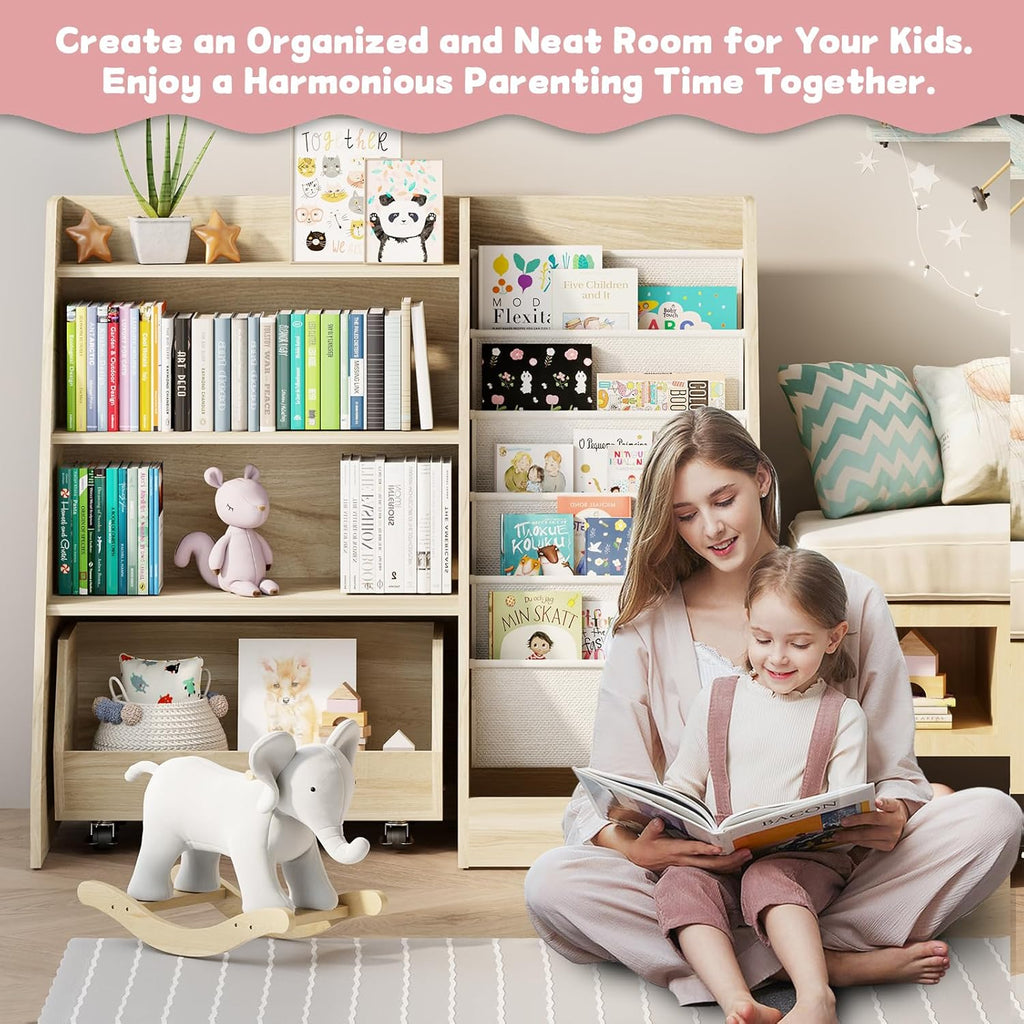 Kids Bookshelf and Toy Storage, 4 Tier Toddler Bookshelf with Movable Drawer (Oak)