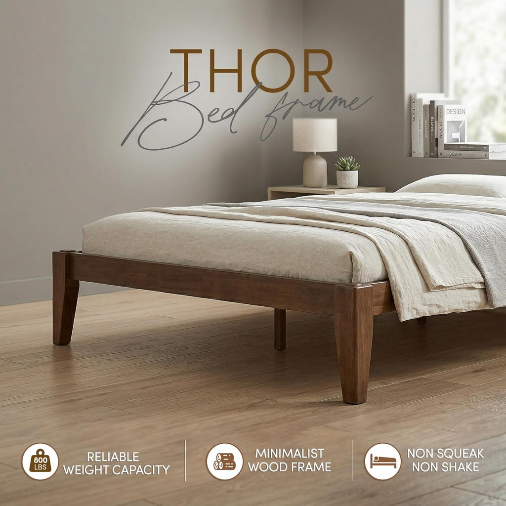 Thor Premium Solid Wood Bed Frame Queen, Japanese Joinery Bed Frame with Wood Slat Support, Platform Bed, No Box