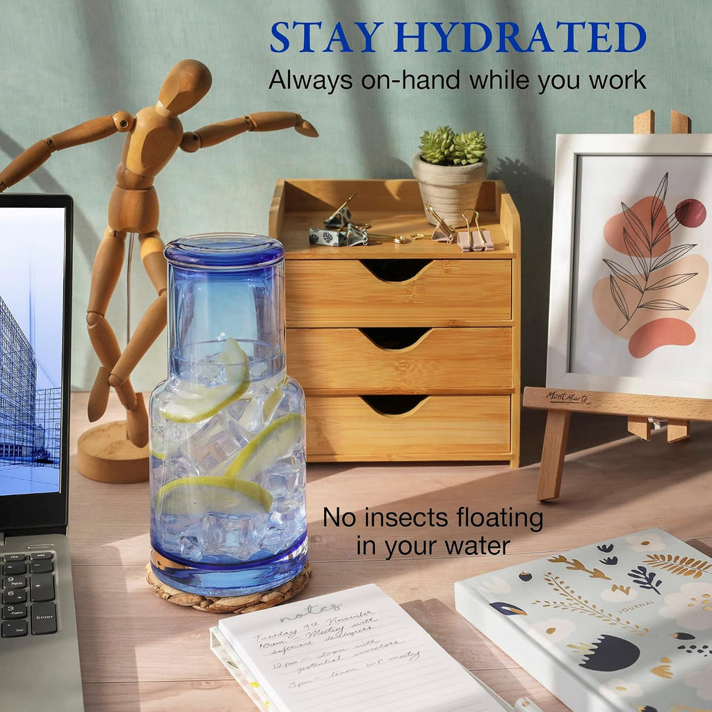 Ombre Blue Bedside Water Carafe and Glass Set, 5 oz Glass Carafe with Matching Glass Lid, Drip-Free Pour Design