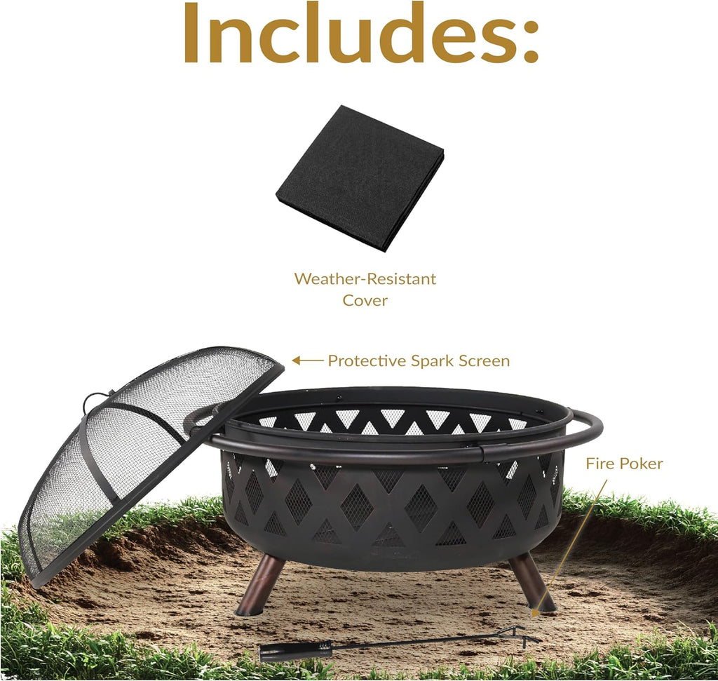 Sunnydaze Crossweave Outdoor Fire Pit - Wood-Burning Fire Pit for Outside with Spark Screen, Poker and Round Cover - 36-Inch - Black - Image 3