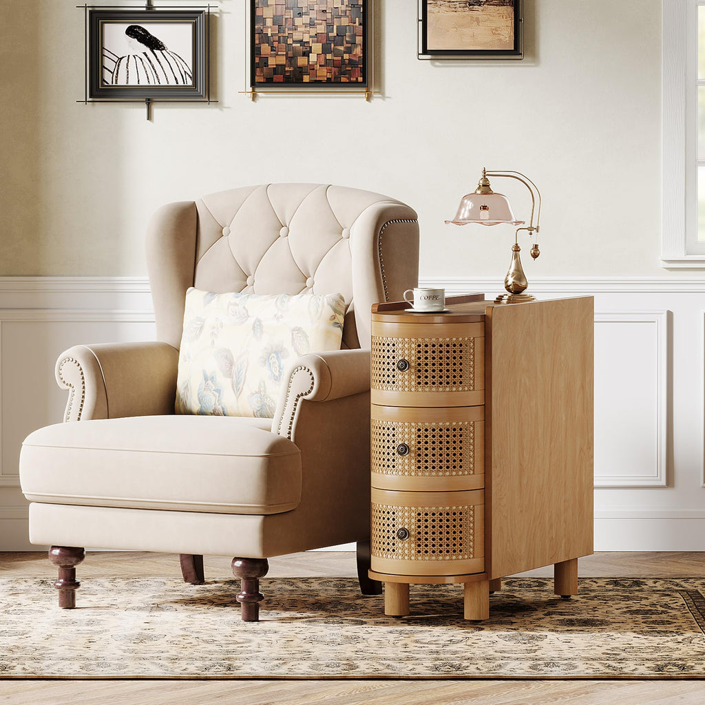 Solid Wood, 3-Drawer Rattan Side Table, Night Stand with 3 Rattan Drawers and Exquisite Embossed Handles, No
