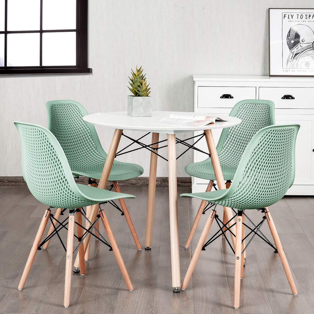 Set of 2 Modern Dining Chairs, Outdoor Indoor Shell PP Lounge Side Chairs with Mesh Design, Beech Wood Legs