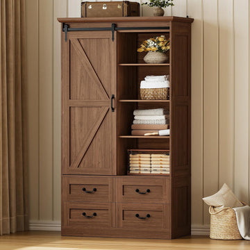 Armoire Wardrobe Closet with 4 Drawers,71" Wardrobe Cabinet with Sliding Barn Doors, Tall Clothing Storage Cabinet