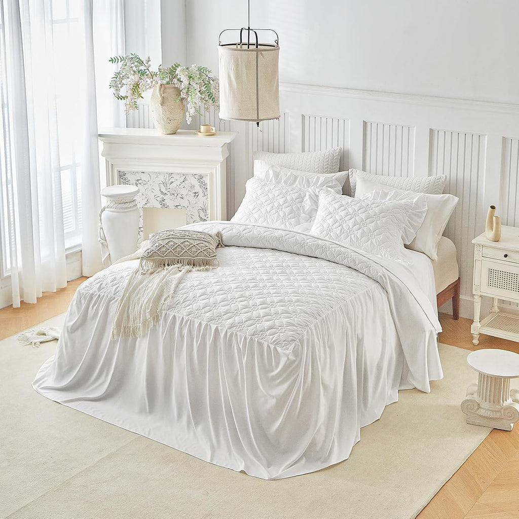 Ruffle Skirt Bedspread Set Flower Style - 30" Long Drop - Vintage Chic Ruffled Summer Bed Spreads Quilt Coverlet Boho