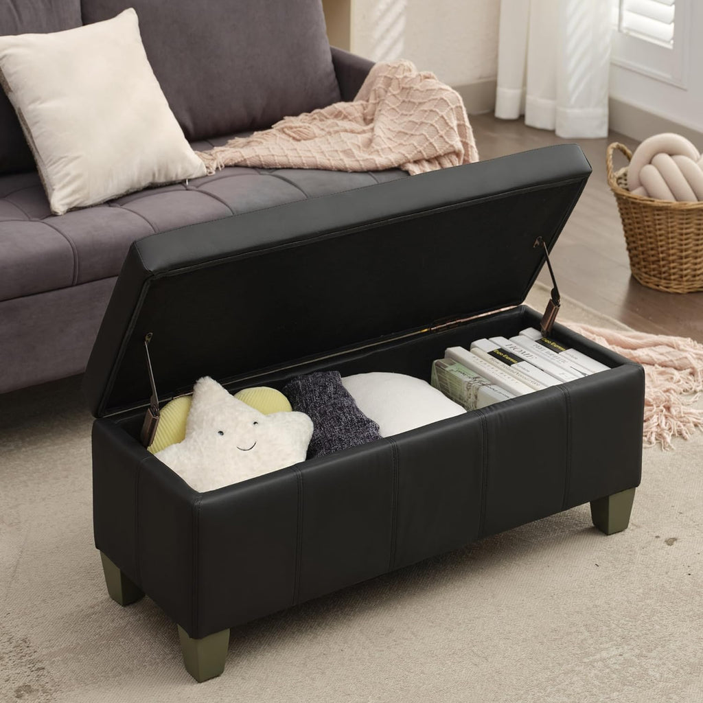 41" Storage Ottoman, Storage Bench with Safety Hinge, Upholstered Synthetic Leather Ottoman Bench , Foot Rest