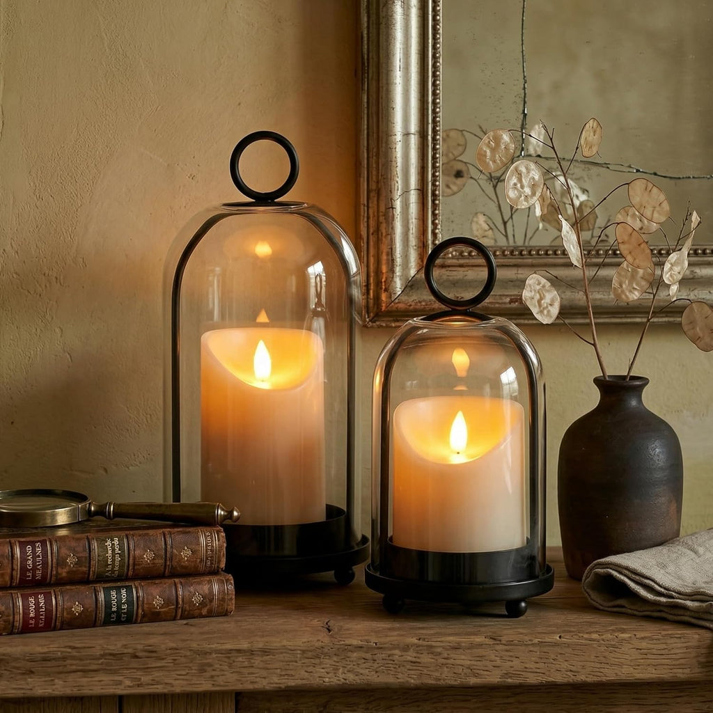 Hurricane Candle Holders Set of 2-10" & 7.8" Black Metal Base with Glass Dome, Includes 2 Pillar Candles, Hanging or