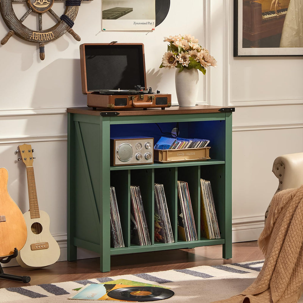 Large Record Player Table with Charger Station & LED Lights, Vinyl Record Storage Player Table up to 230 Albums