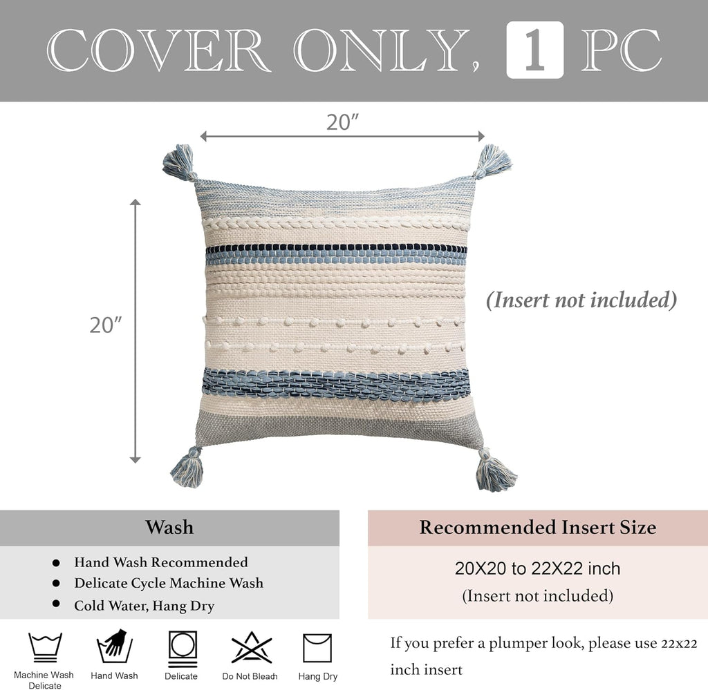 Coastal Blue Boho Decorative Throw Pillow Cover 20x20 Modern Bohemian Accent Pillow Case Square Woven Textured