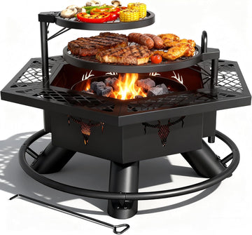 Fire Pit with BBQ, Outdoor Fire Pit for Wood Burning, Patio Firepits for Outside with Grill